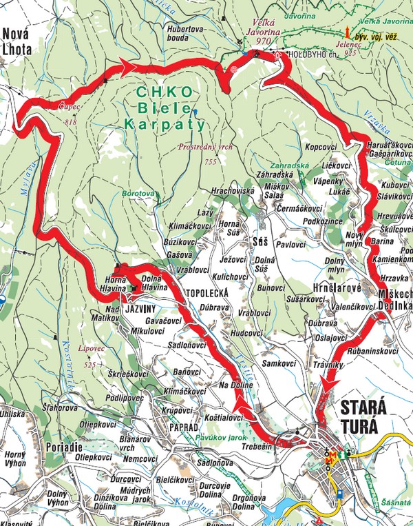 Cyklotrasa na Veľkú Javorinu - mapa