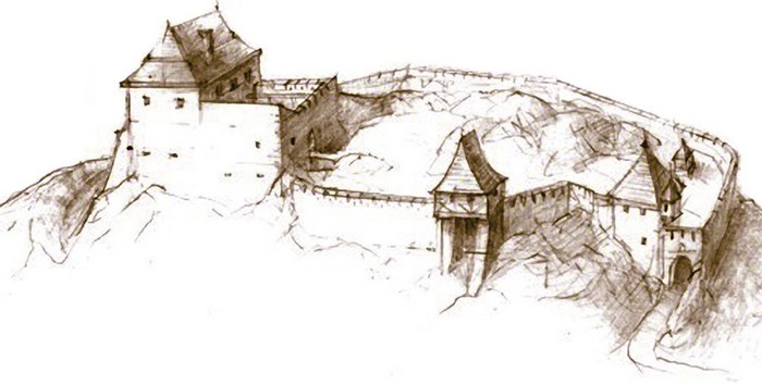 Predpokladaná podoba hradu Rákoš podľa F. Königa