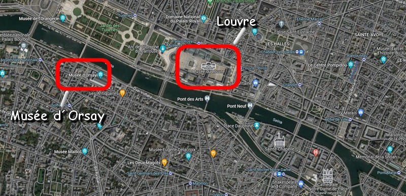 Louvre a Musée d´Orsay na mape Paríž